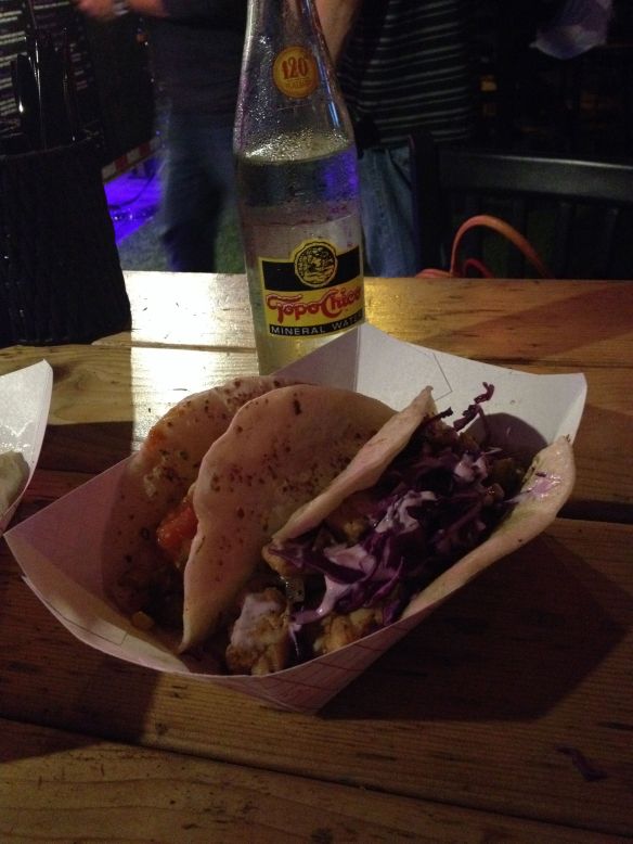 Topo Chico and tacos from the Violet Taco food truck in Austin
