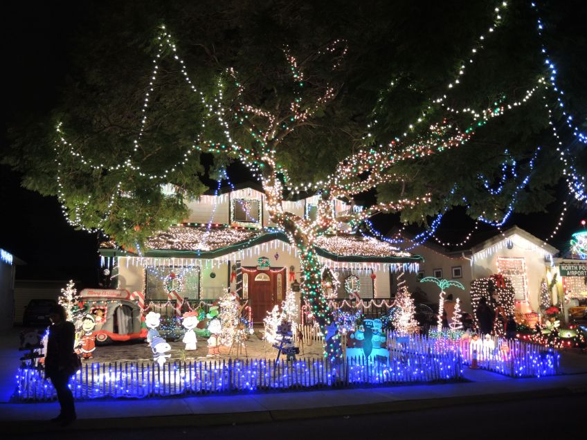 Christmas lights decorate a home on Candy Cane Lane in El Segundo, California