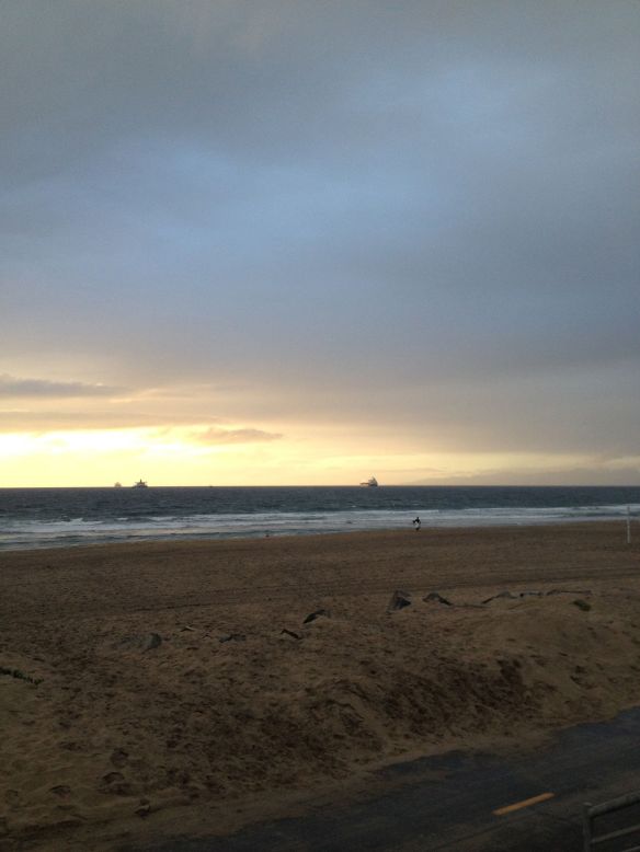 Manhattan Beach Strand on New Year's eve with ships in the ocean
