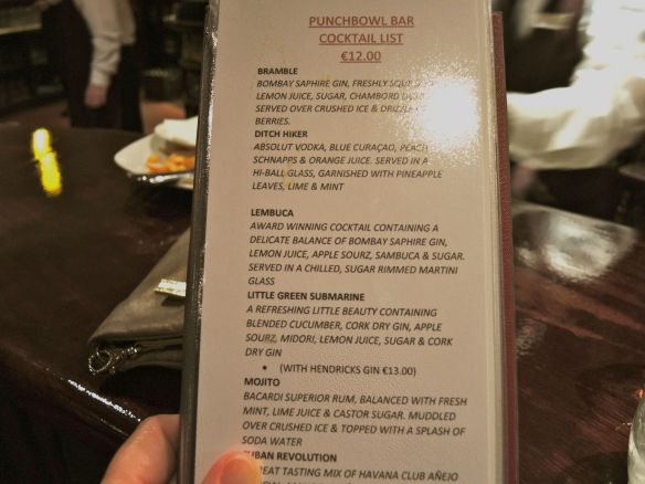 Punchbowl Bar cocktail menu at the Malton Hotel, Killarney, Ireland - Lembuca cocktail with Bombay Saphire Gin